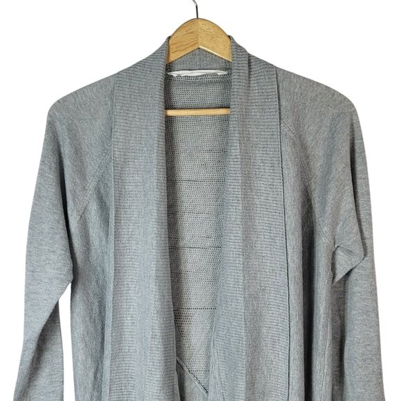 Athleta Open Cardigan Sweater Gray Large Mesh Back Long Sleeve Waterfall READ - Picture 2 of 8